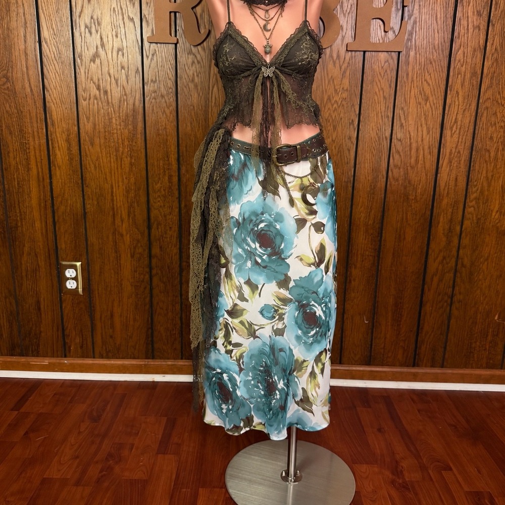 Y2K Blue Floral Maxi Skirt Connected Apparel Womens XL Fairy Grunge Boho Rose